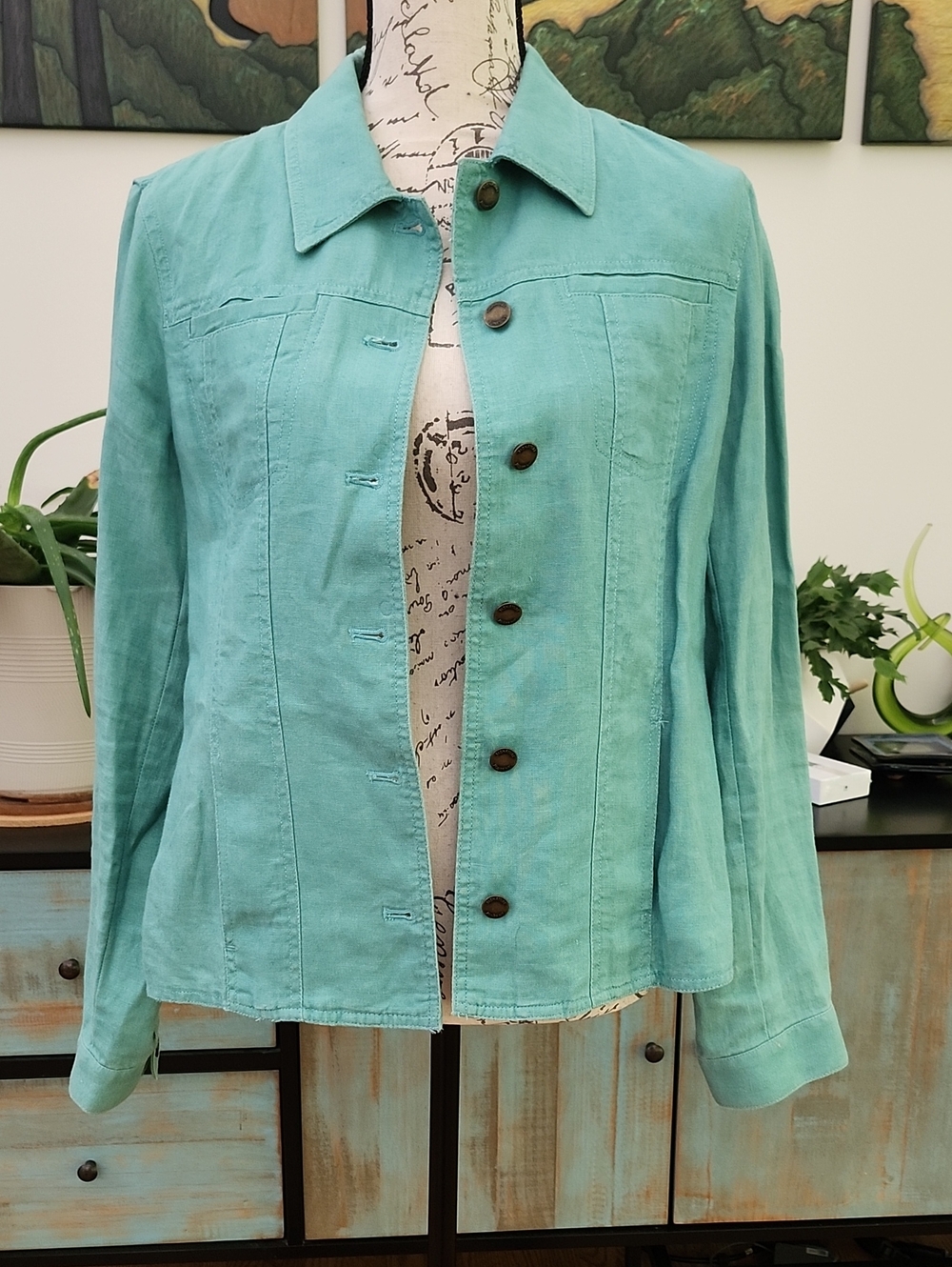 Jones New York Signature Teal Aqua Linen Button Up Jacket